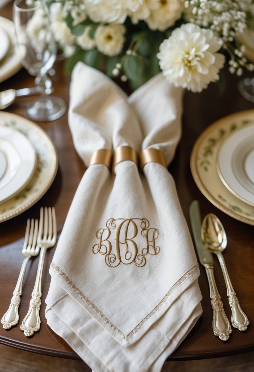 Ivory monogrammed linen napkins folded on a wooden table with white flowers and vintage silverware nearby.
