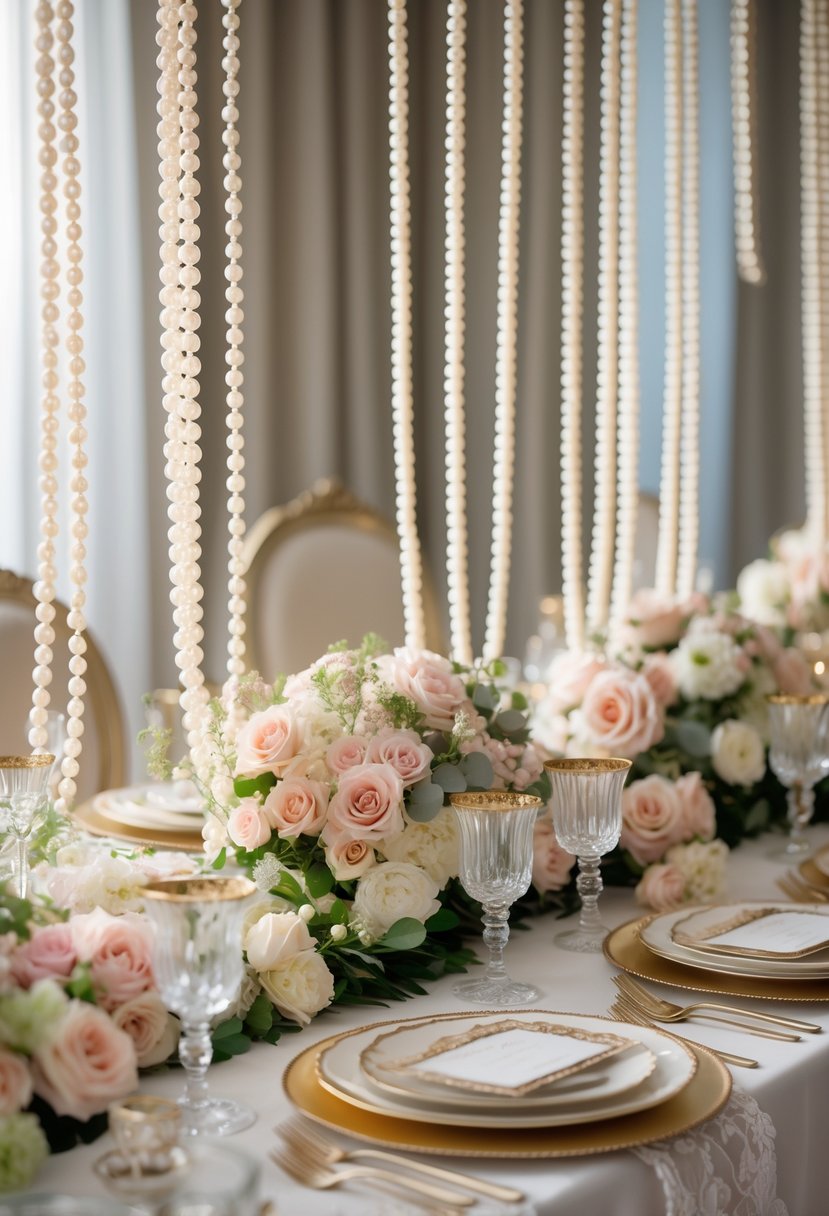 Tables decorated with pearl strand garlands, floral arrangements, and elegant table settings for a bridal shower.