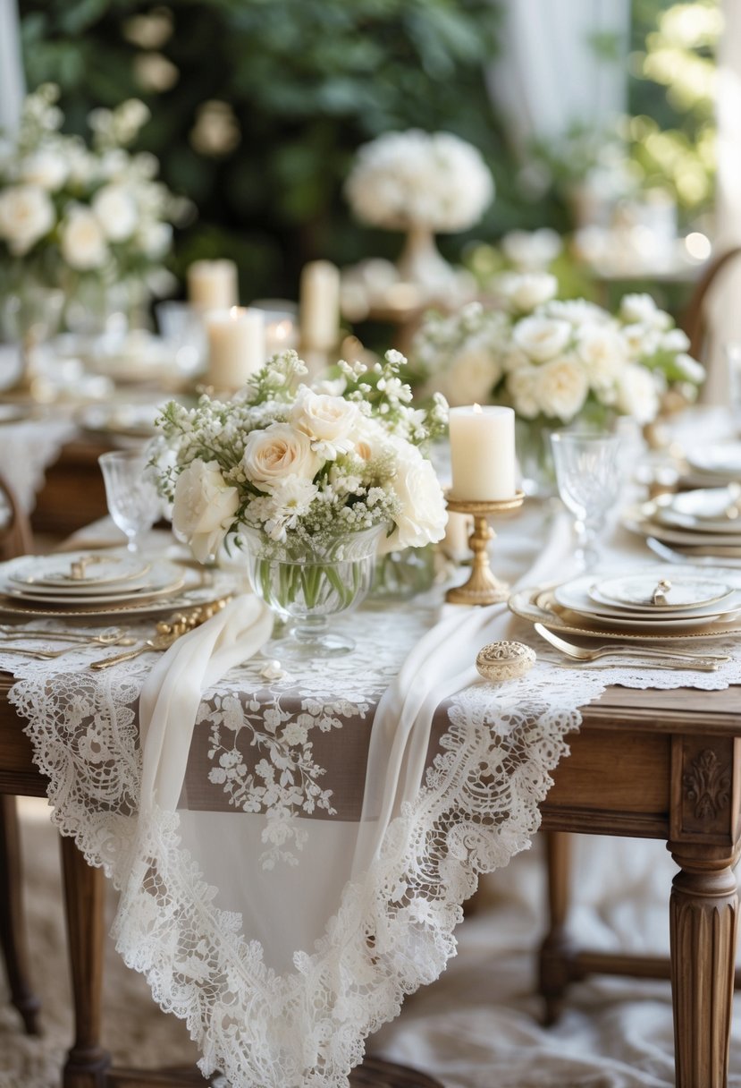 A bridal shower table with French lace tablecloths, floral arrangements, fine china, crystal glassware, and elegant decorations in a softly lit room.
