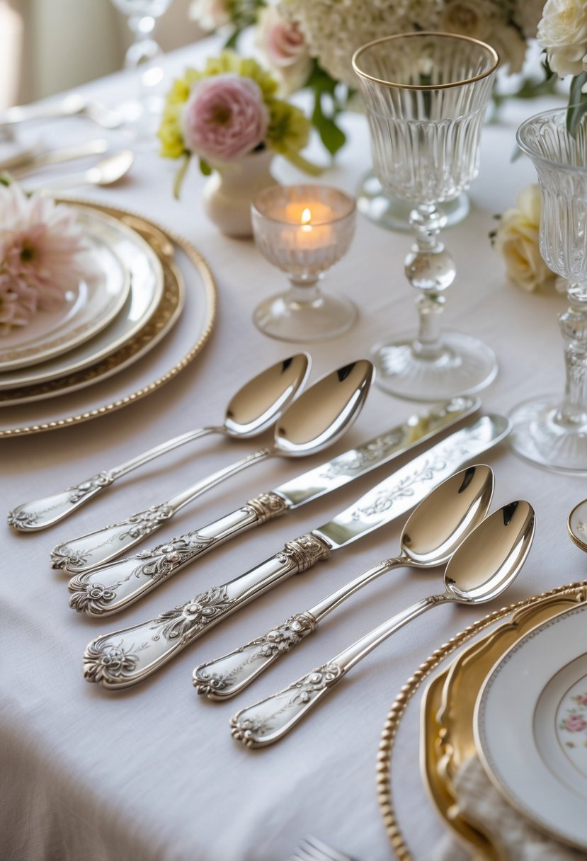 A bridal shower table set with engraved silverware, crystal glasses, pastel flowers, and elegant plates on a white tablecloth.