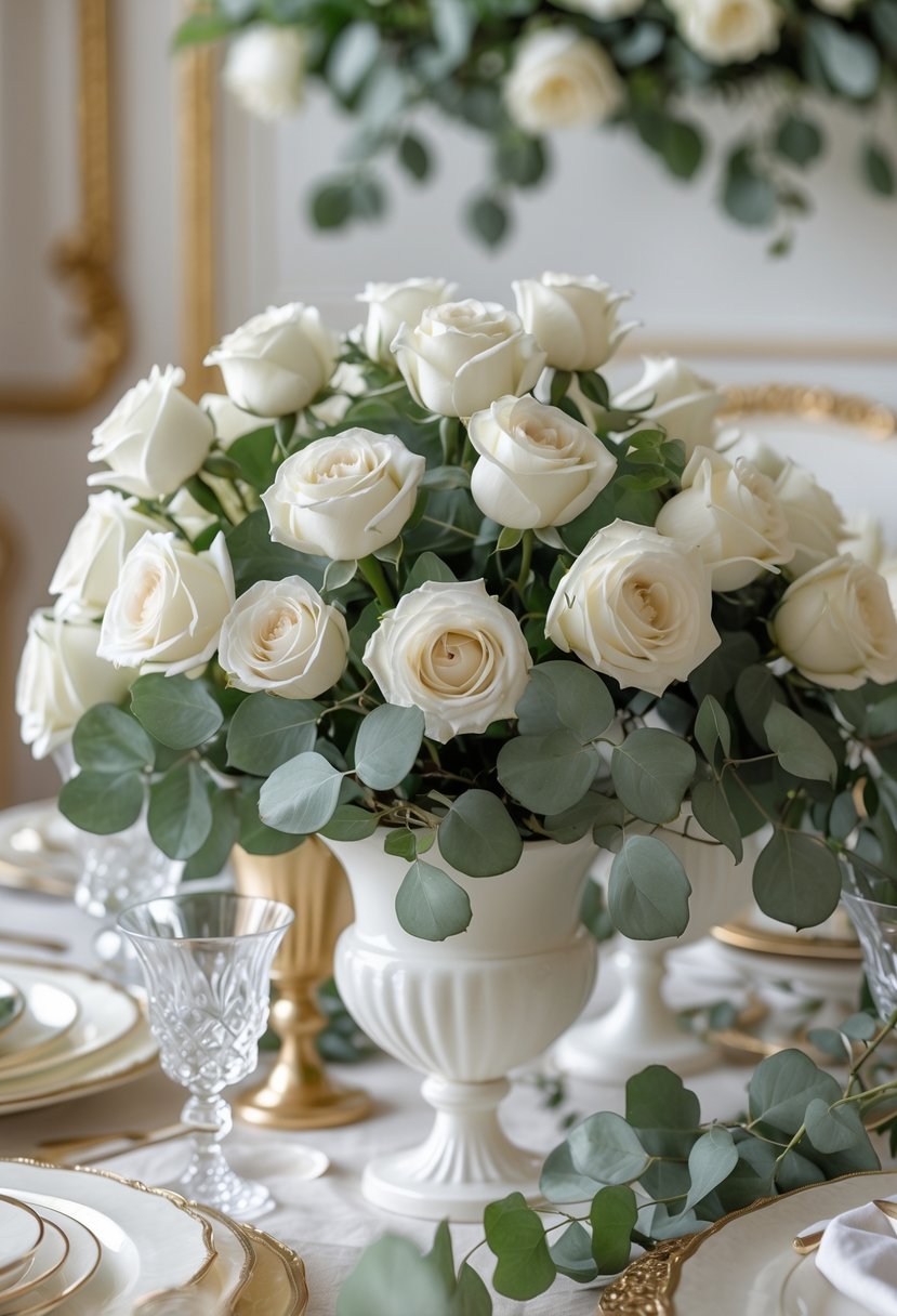 A table decorated with white roses and eucalyptus greenery arranged in elegant vases for a bridal shower.