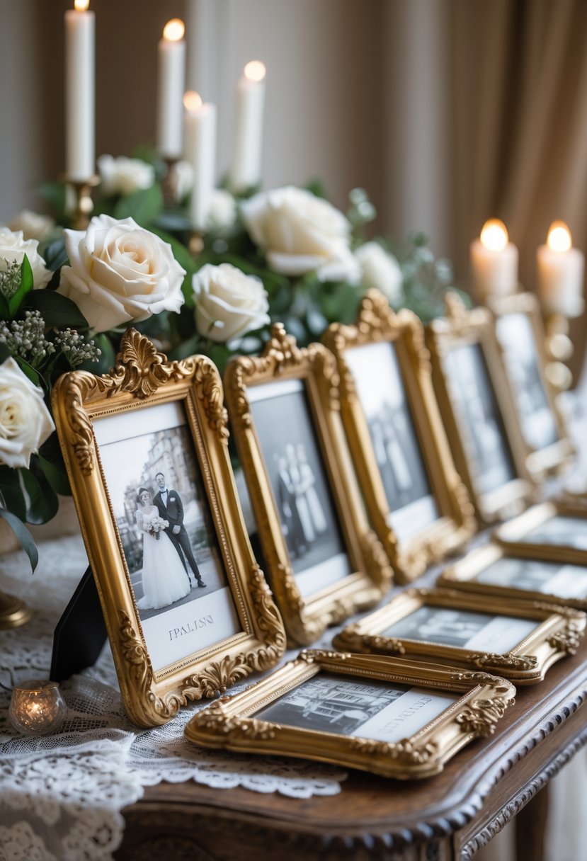 A collection of ornate gold picture frames with old family photos displayed on a wooden table surrounded by flowers and candles.