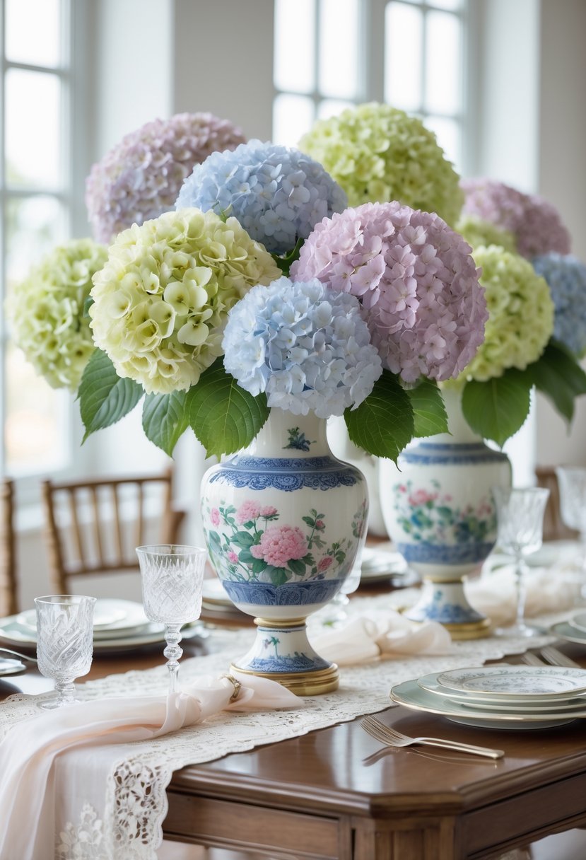 A table with vintage vases filled with hydrangeas surrounded by elegant bridal shower decorations.