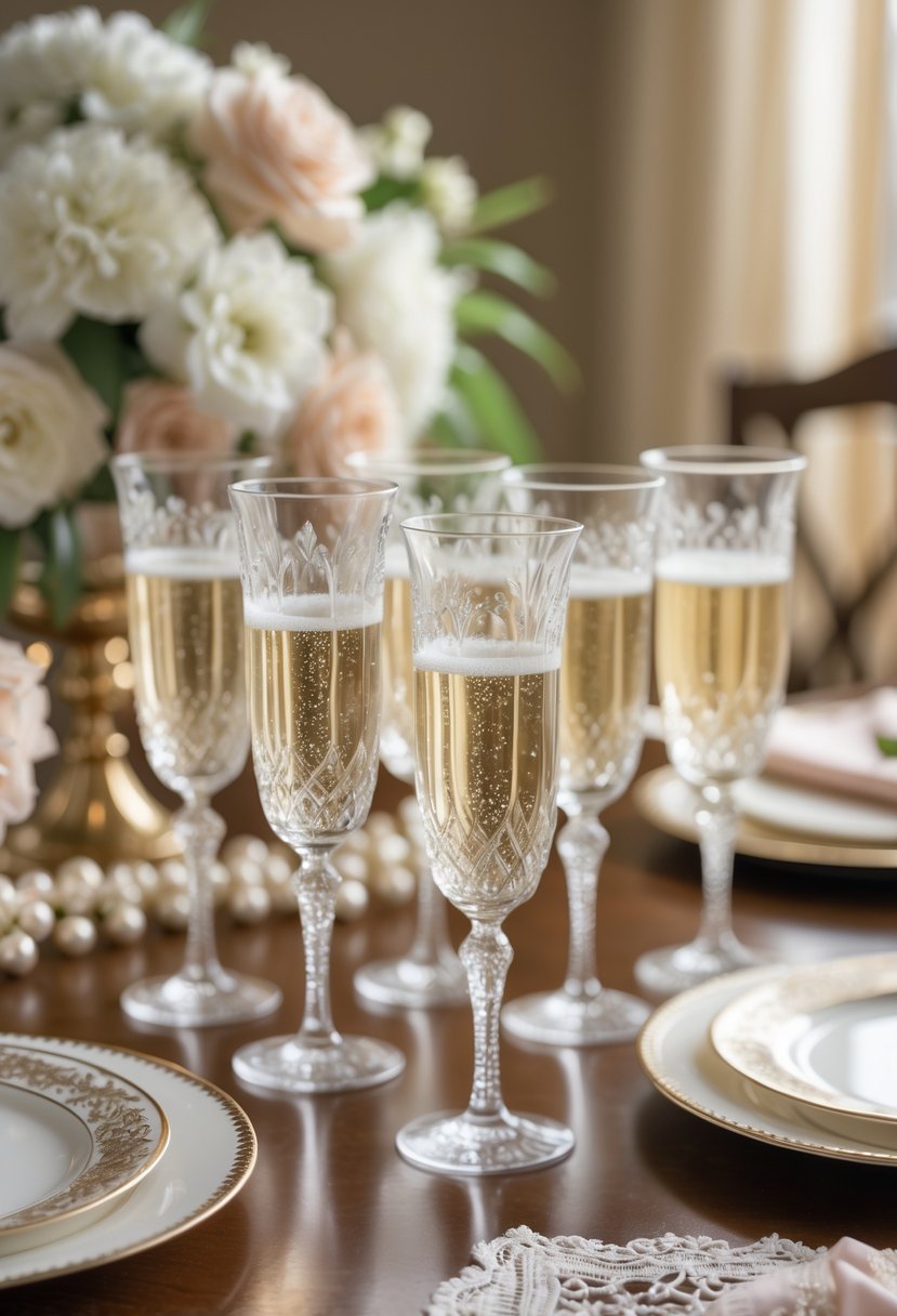 A set of vintage crystal champagne flutes filled with champagne on a wooden table surrounded by bridal shower decorations including flowers and lace.