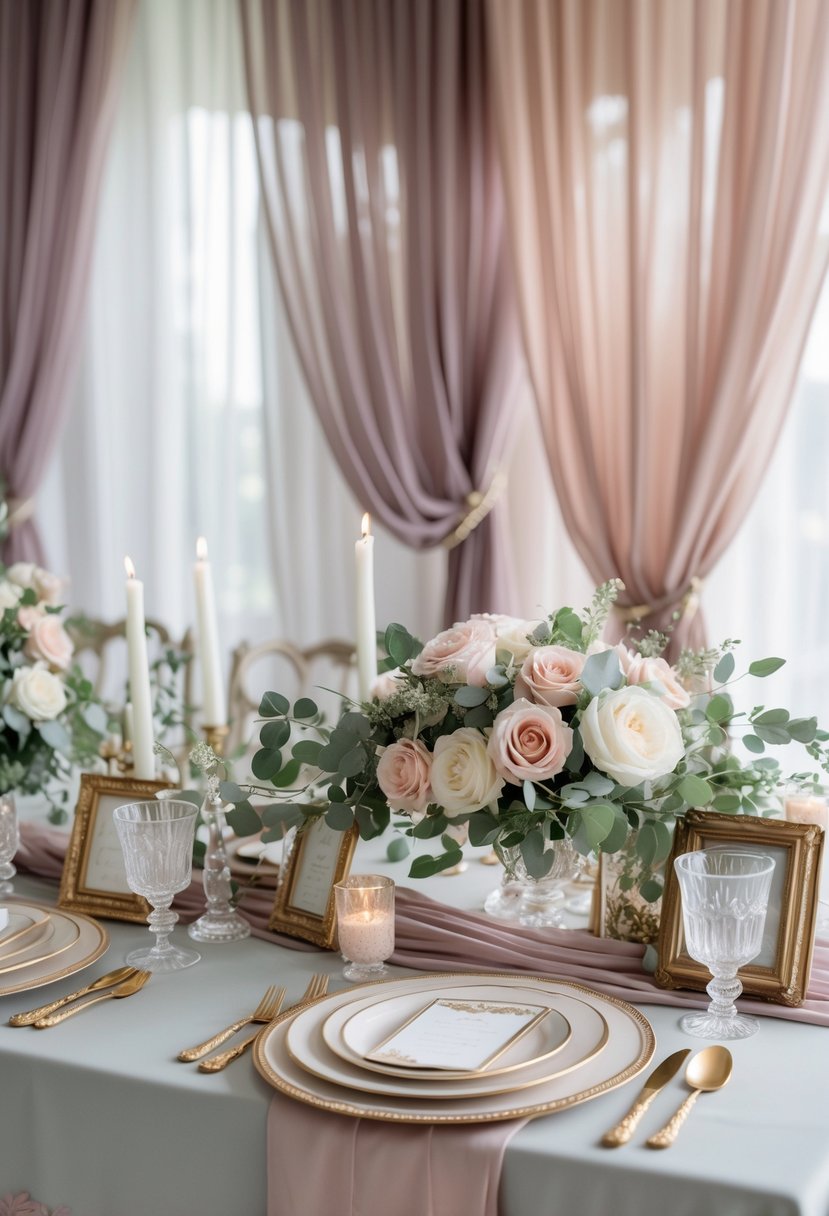 A bridal shower setup with soft muted chiffon drapes, a decorated table with flowers, candles, and vintage-style decor.