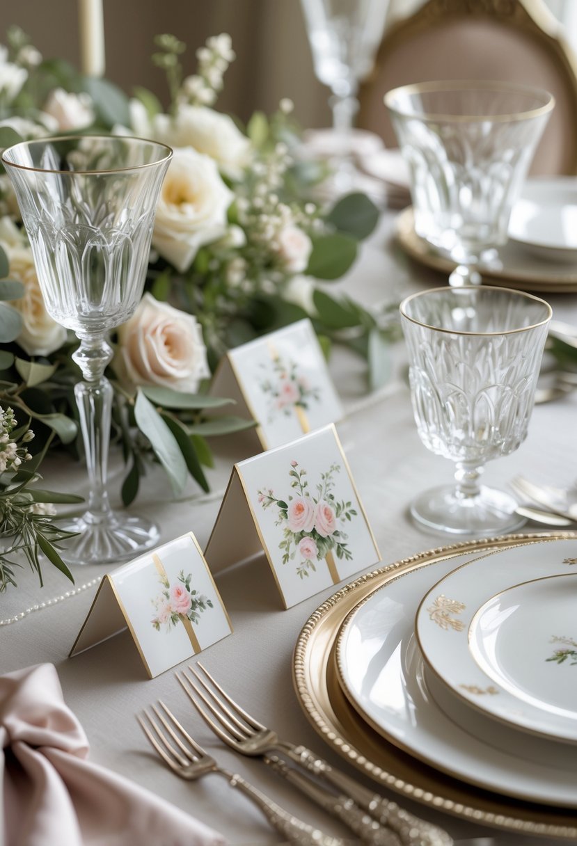 A bridal shower table set with hand-painted porcelain place cards, fine china, crystal glasses, and floral decorations.