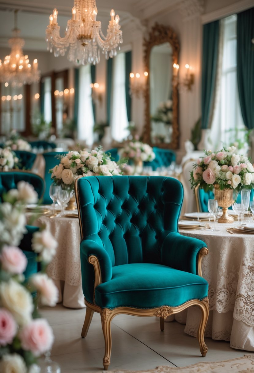 A bridal shower setup with velvet tufted armchairs arranged for 17 guests, surrounded by elegant floral decorations and vintage furnishings.