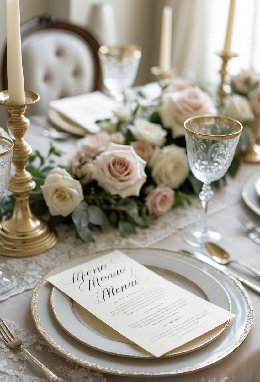 A beautifully arranged bridal shower table with cream cardstock menus, floral centerpieces, glassware, and elegant table settings.
