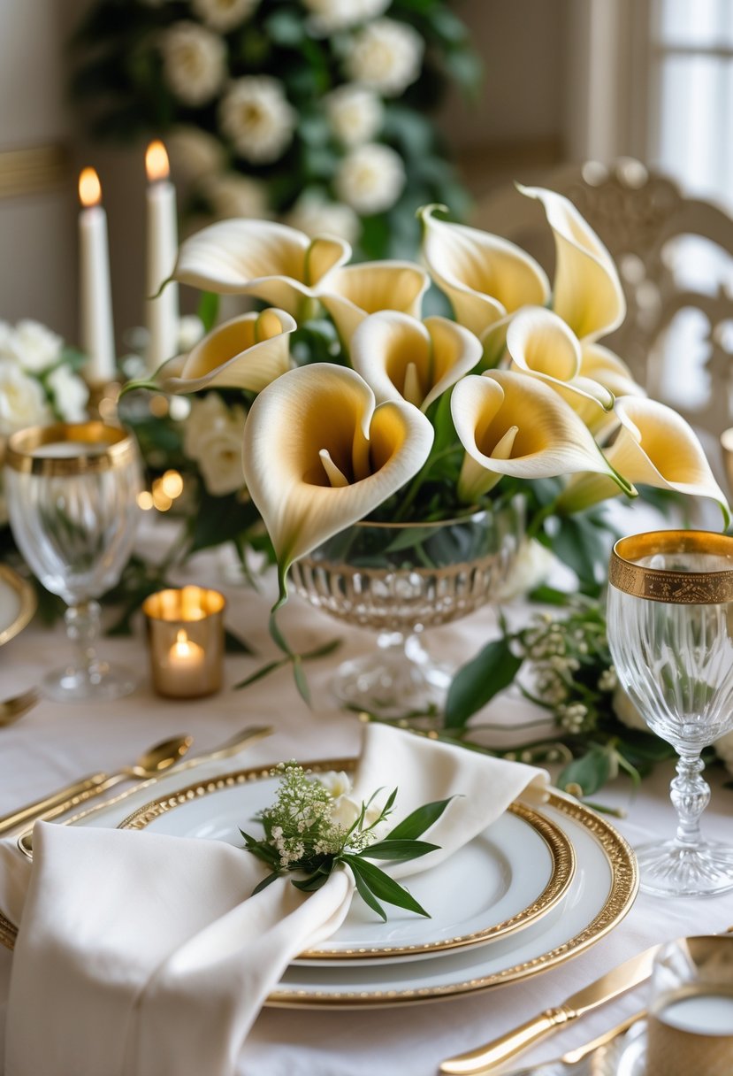 A bridal shower table decorated with gold calla lilies, vintage glassware, white linens, and candles.