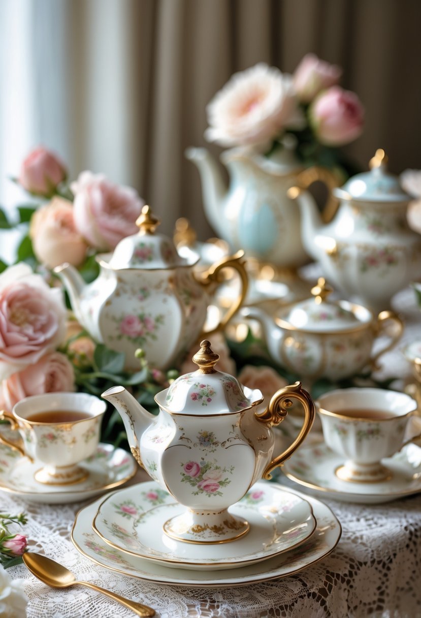 A table with vintage porcelain tea sets arranged as a centerpiece surrounded by fresh flowers.