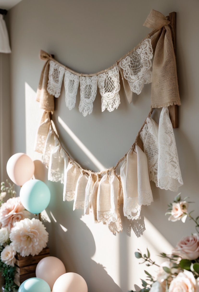 A baby shower setup with lace and burlap garlands hanging on a wall, surrounded by pastel balloons and floral decorations.