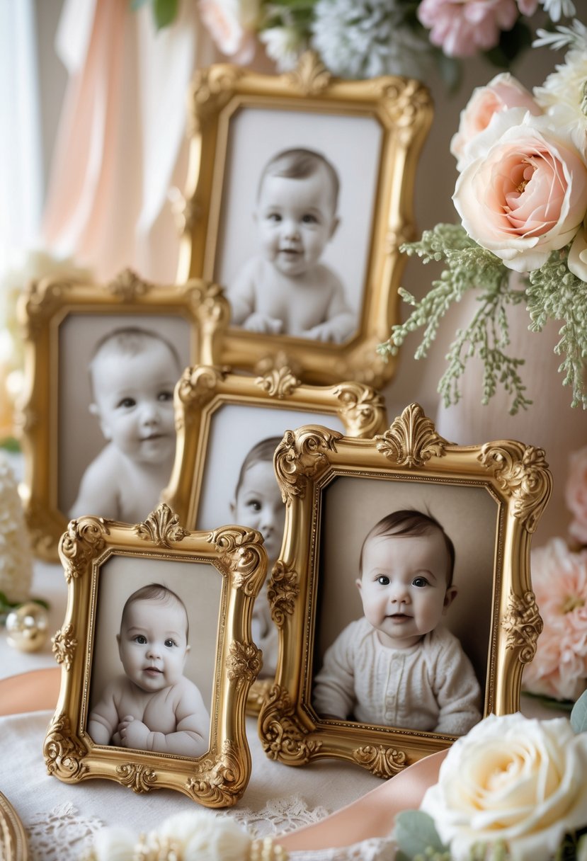 A collection of antique gold-framed baby photographs displayed with floral decorations and soft pastel accents.