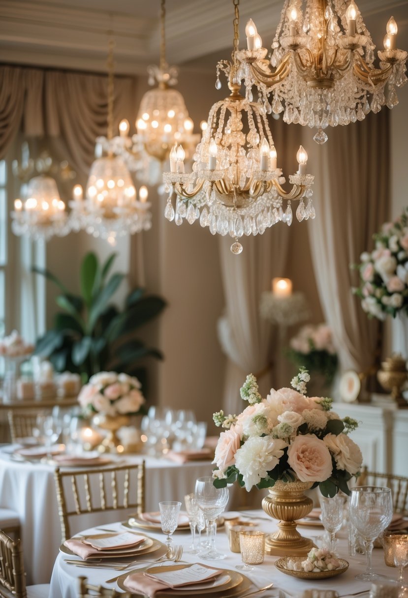 A beautifully decorated baby shower room with crystal chandeliers, floral arrangements, and elegant table settings.