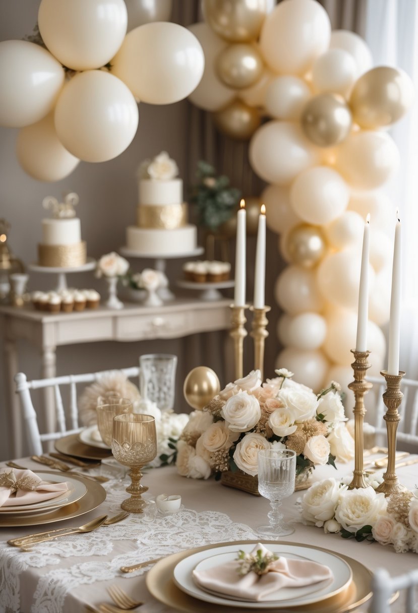 An elegant baby shower table decorated with cream and soft gold balloons, floral arrangements, and vintage-style candlesticks.