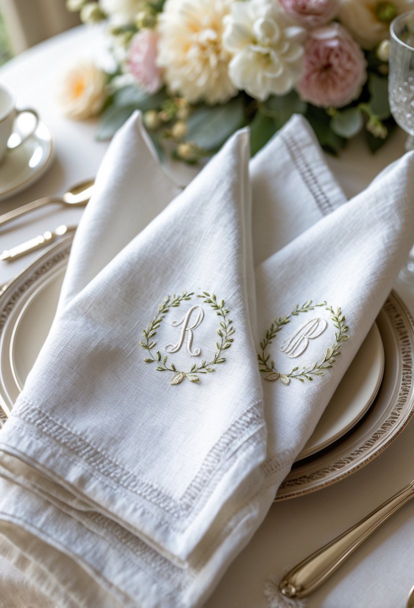 Close-up of folded linen napkins with elegant embroidery on a table set for a baby shower with soft pastel decorations and flowers.
