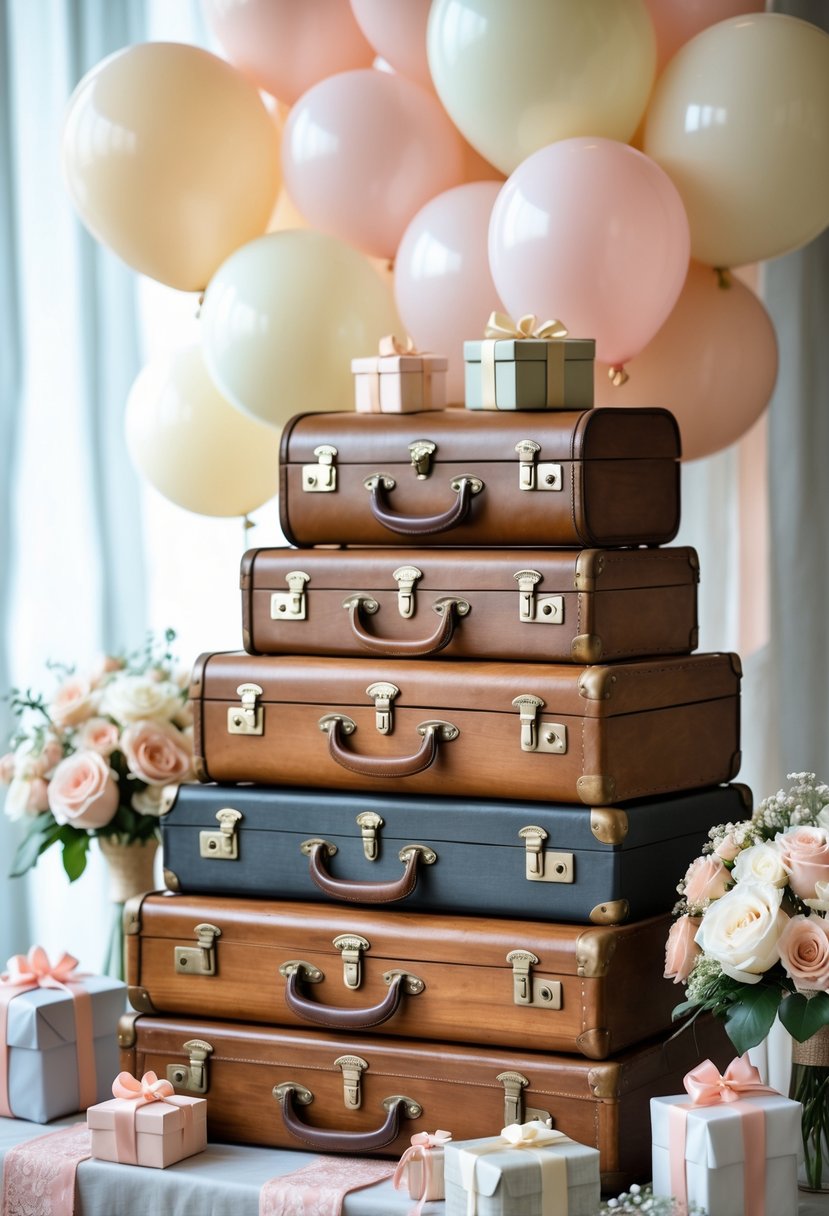 Stacked wooden vintage suitcases used as gift tables decorated with baby shower items and flowers.