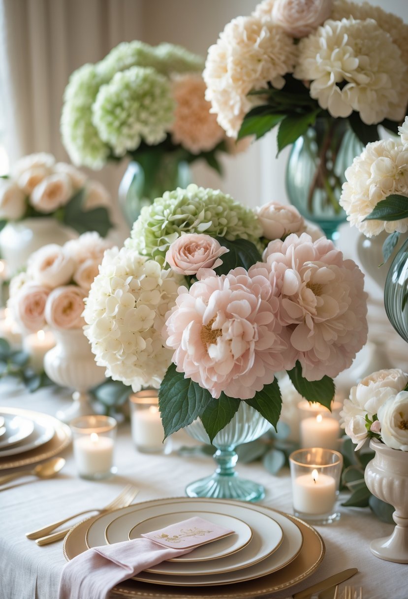 A table decorated with silk hydrangea and peony flower arrangements in pastel colors, set for a baby shower celebration.