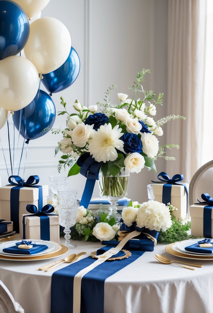 A decorated baby shower table with navy blue and cream flowers, balloons, gifts, and elegant tableware in a bright room.