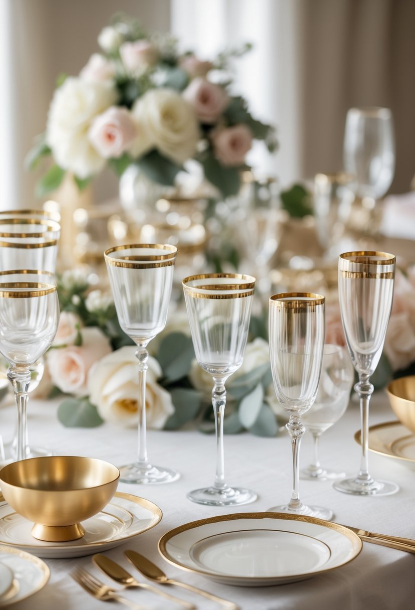 An elegant table setup with gold-rimmed glassware arranged for drinks and desserts at a baby shower, surrounded by pastel flowers and greenery.