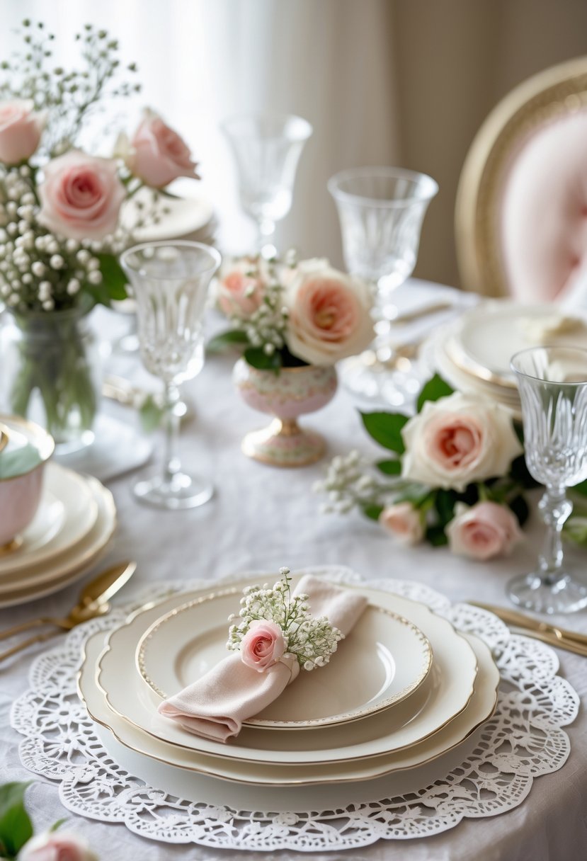 A baby shower table setting with delicate paper doilies used as placemats, fine china, glassware, and floral decorations.