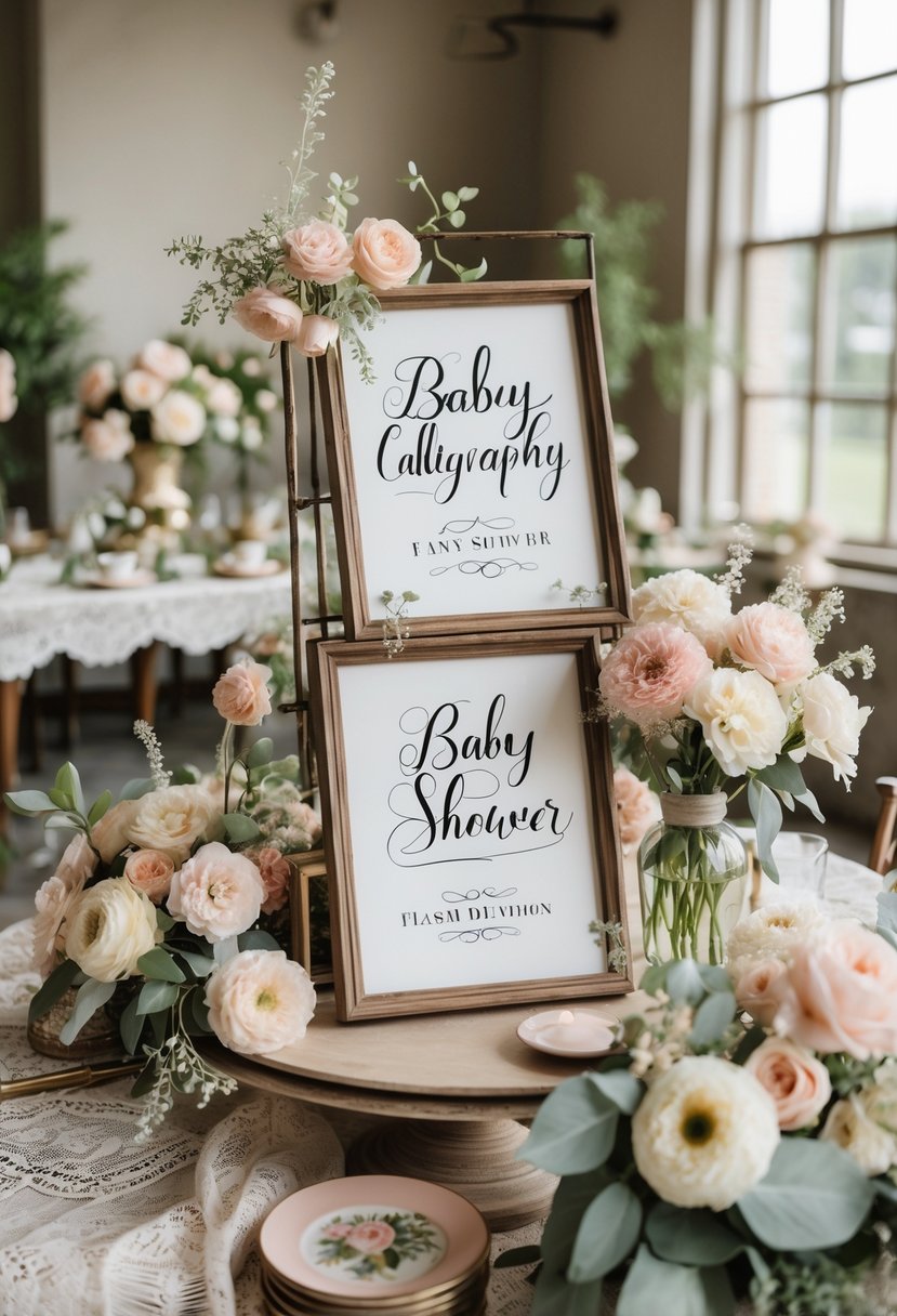 A decorated baby shower setup with vintage-style calligraphy signs framed and surrounded by pastel flowers and elegant table settings.