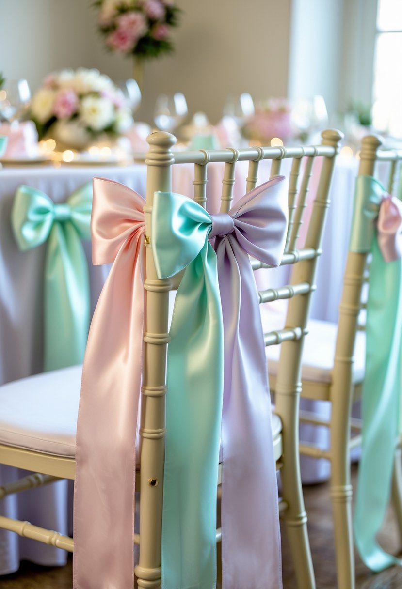 Chairs decorated with pastel satin ribbons tied in bows at a baby shower event.