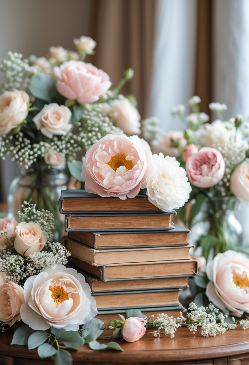 Stacked vintage books on wooden tables surrounded by pastel floral arrangements.