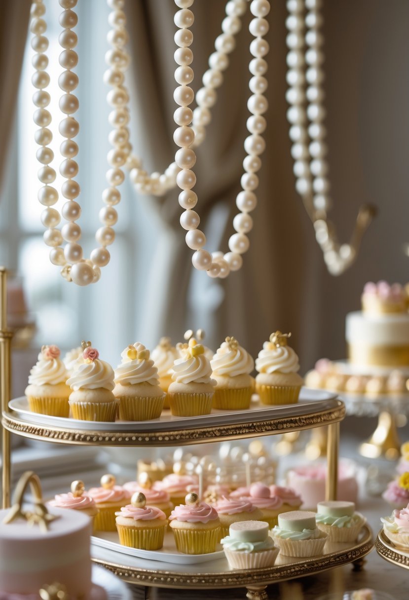 Dessert trays decorated with pearl garlands and an assortment of pastries and cupcakes on a table.