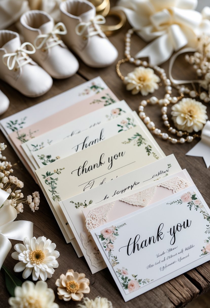 A collection of handwritten thank you cards on a wooden table surrounded by baby shower decorations like ribbons, dried flowers, and vintage baby items.