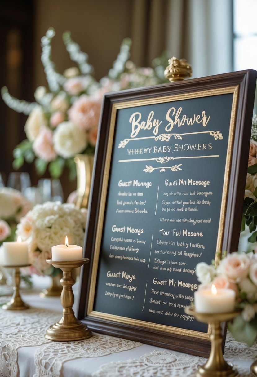 A baby shower table with chalkboard signs, floral arrangements, and elegant vintage decor.