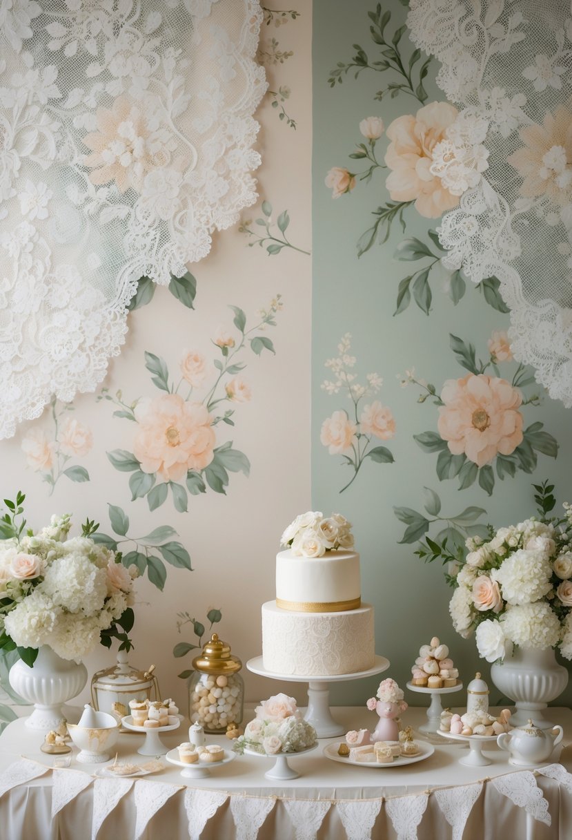 A baby shower setup with soft floral wallpaper and lace overlays, featuring elegant decorations and floral centerpieces.