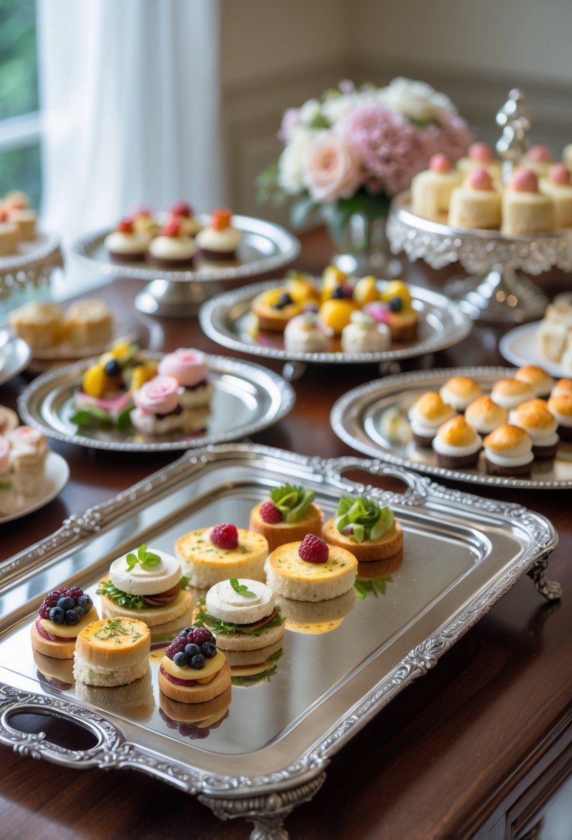 Antique silver trays holding an assortment of finger foods arranged on a wooden table with baby shower decorations in the background.