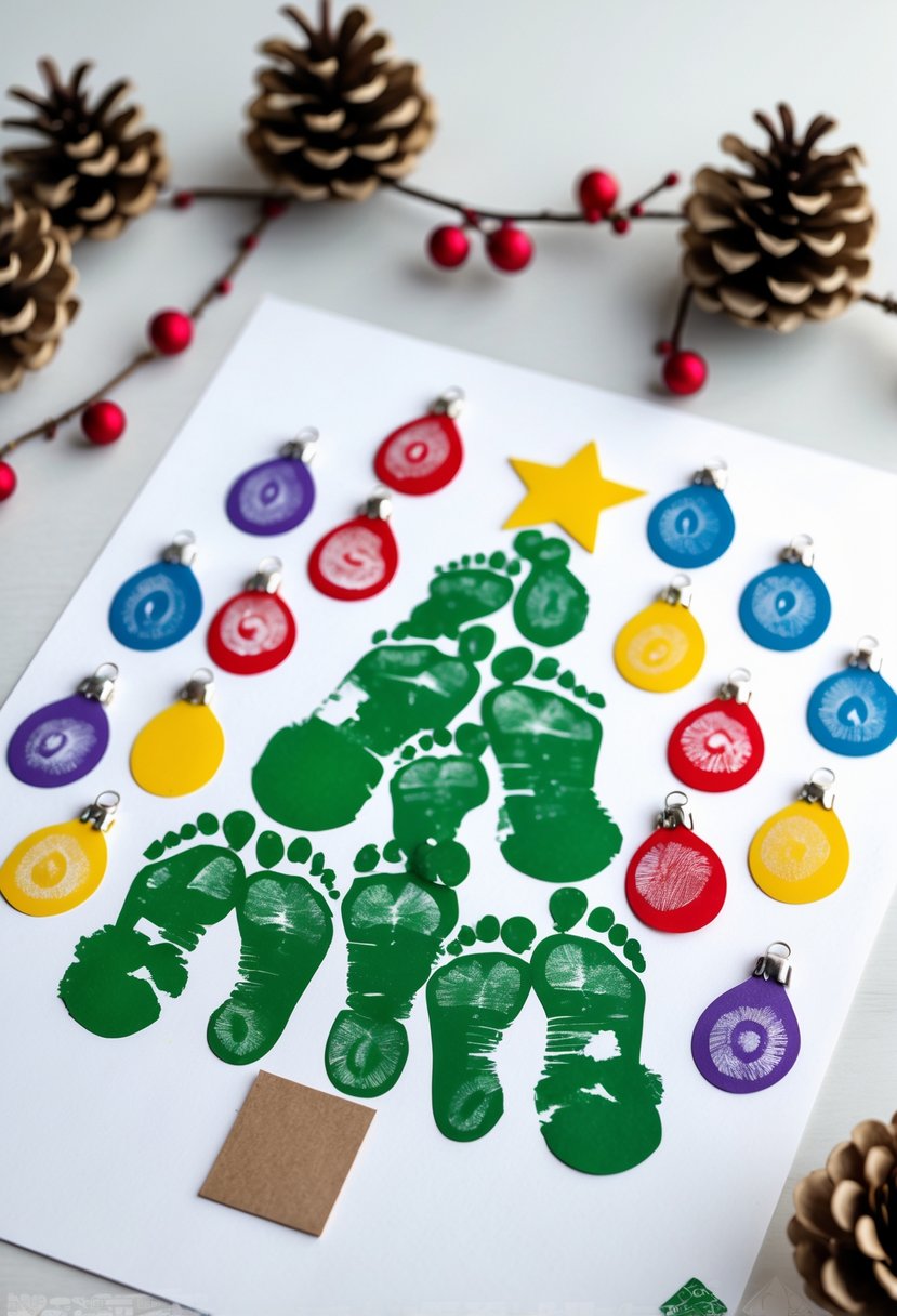 Close-up of a Christmas tree made from green footprints with colorful fingerprint ornaments on a white sheet of paper.