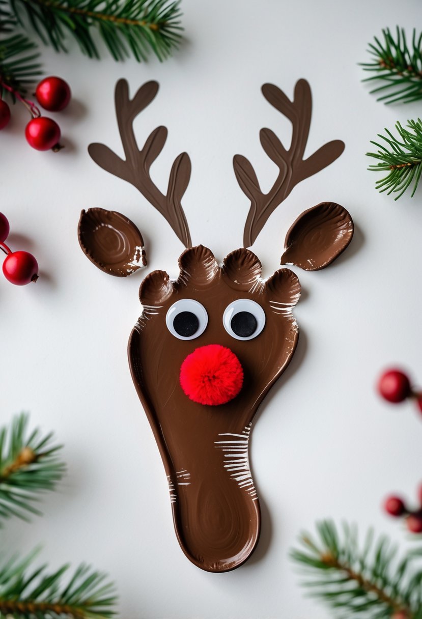 A child's footprint painted brown with hand-drawn reindeer antlers and a red nose, arranged as a Christmas craft on a white background with festive decorations.