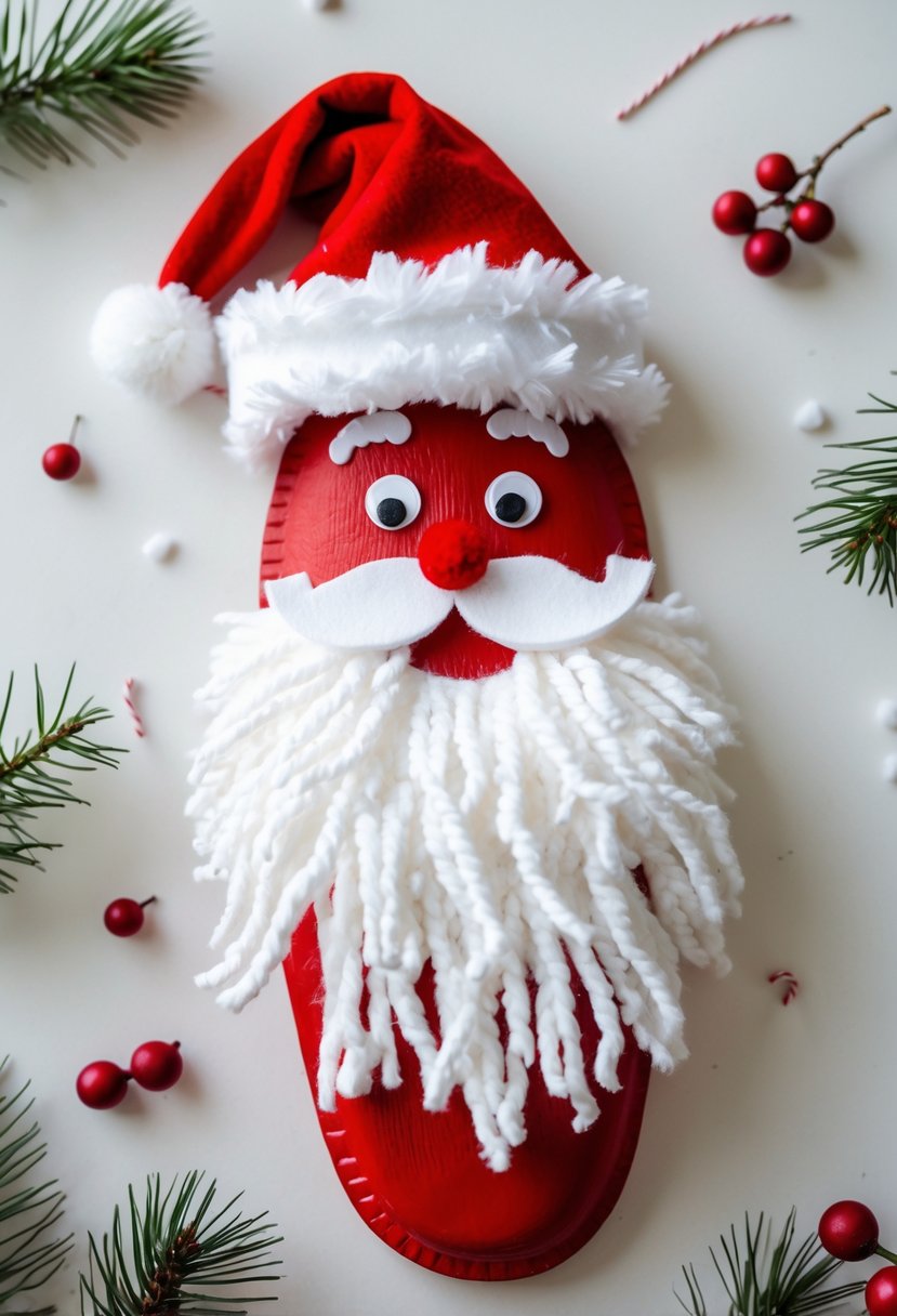 A child's footprint painted as Santa Claus with a cotton beard on a white background, surrounded by small festive decorations.