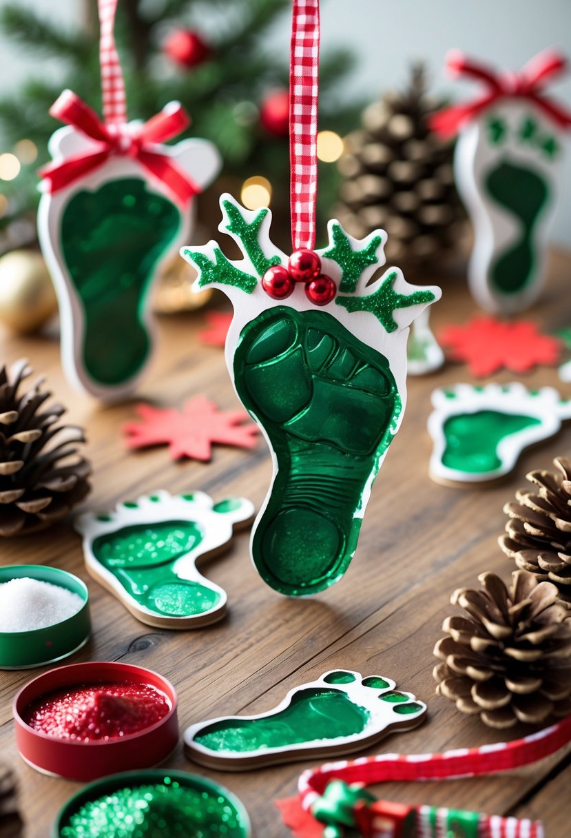 A table with colorful children's footprint crafts decorated as mistletoe, surrounded by holiday craft supplies.