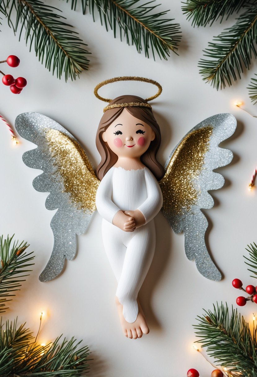 A handmade angel craft made from a child's footprint with glittery wings and Christmas decorations around it.