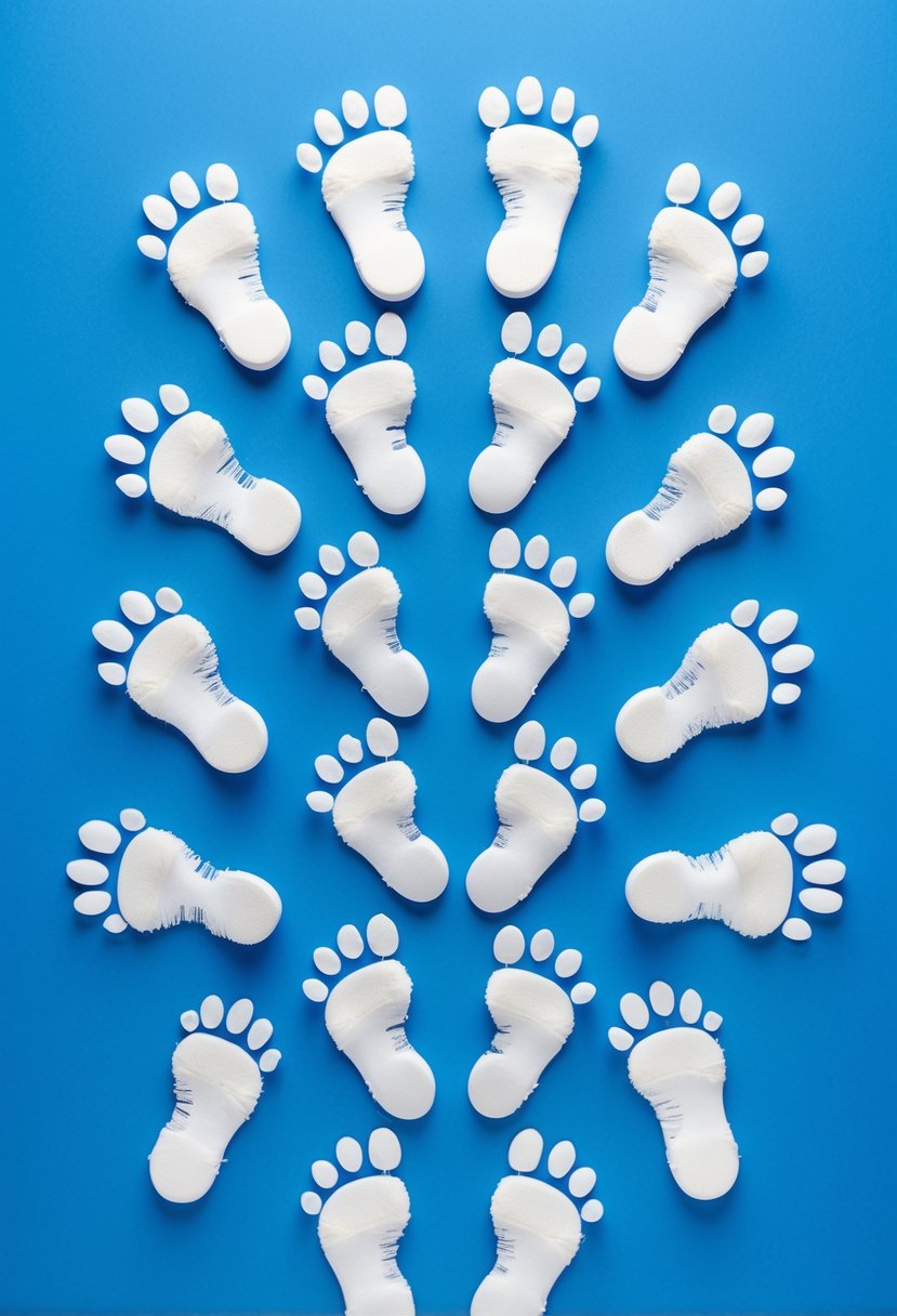A blue background with a repeating pattern of white snowflakes made from footprints.