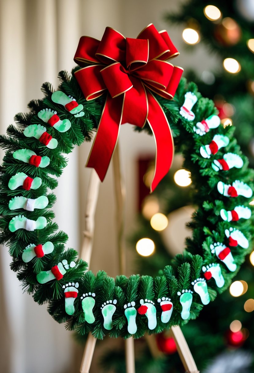 A circular Christmas wreath made from painted children's footprints with a large red bow at the top.
