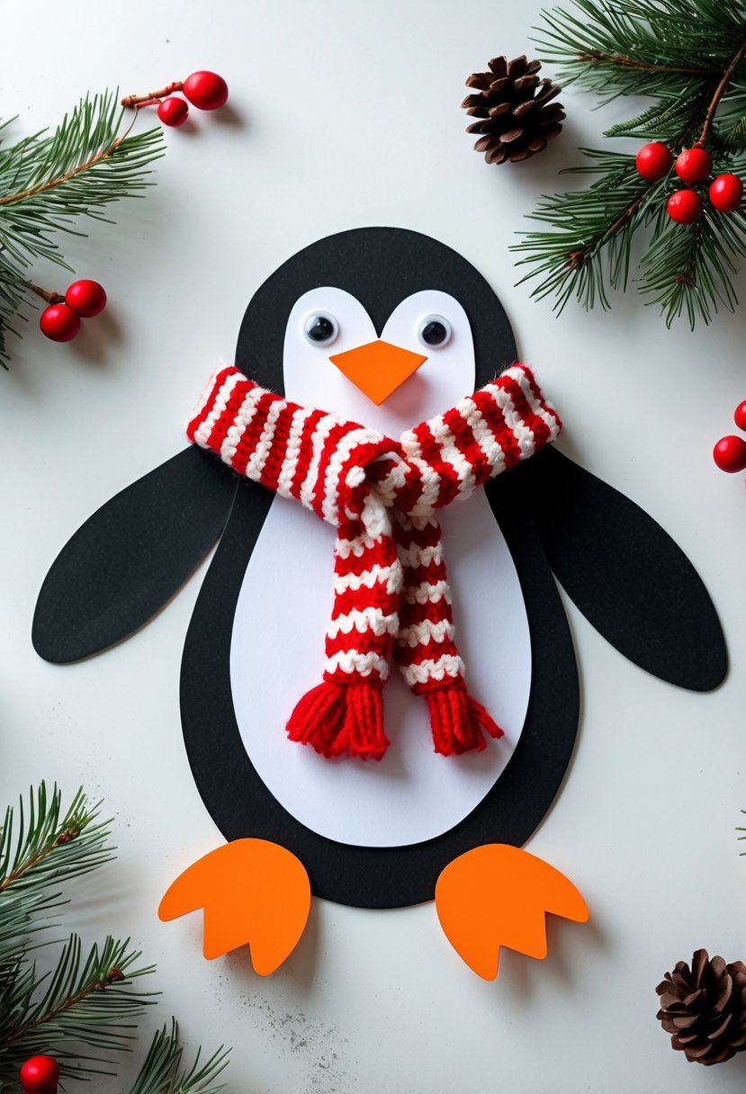 A penguin craft made from black footprints with an orange beak and a red and white scarf, surrounded by festive pine branches and berries on a white background.