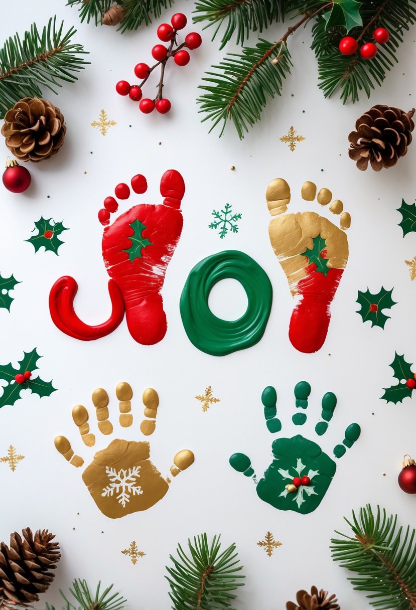 The word JOY spelled out with colorful footprints and handprints surrounded by Christmas decorations on a white background.