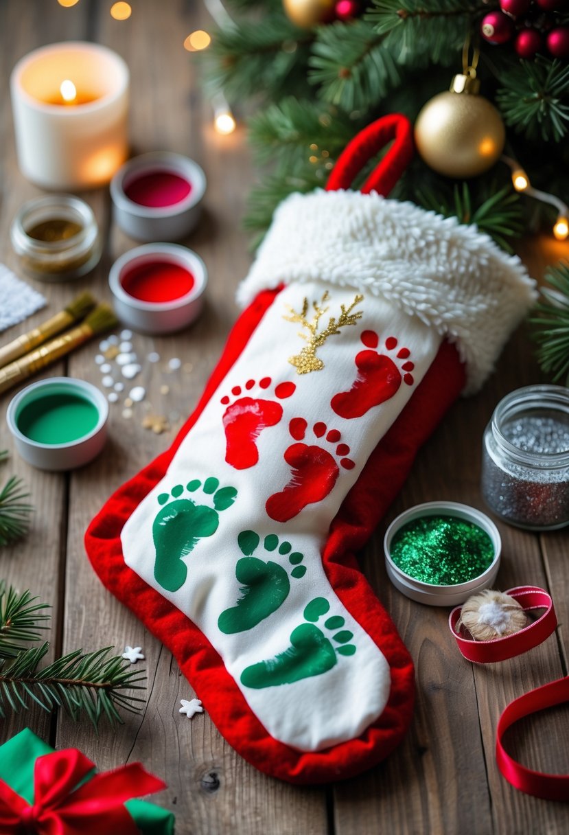 A close-up of a handmade Christmas stocking decorated with colorful children's footprints, surrounded by crafting supplies and festive decorations on a wooden table.