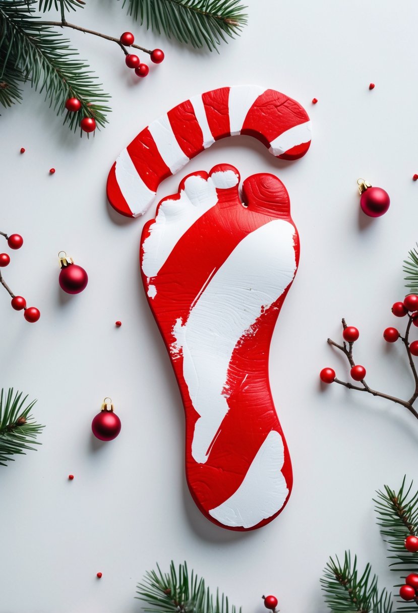 A child's footprint painted to look like a candy cane with red stripes, surrounded by small Christmas decorations on a white background.