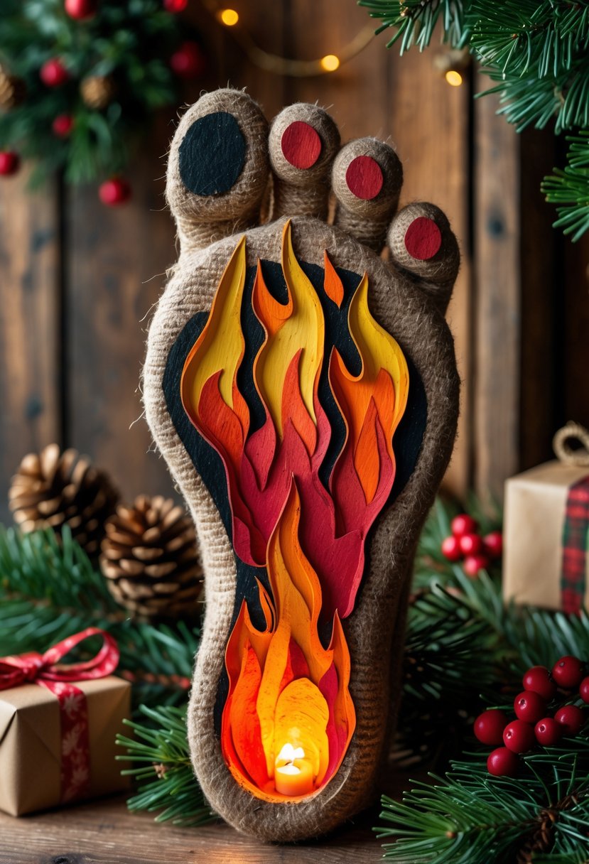 A footprint-shaped fireplace with painted flames surrounded by Christmas decorations and gifts.