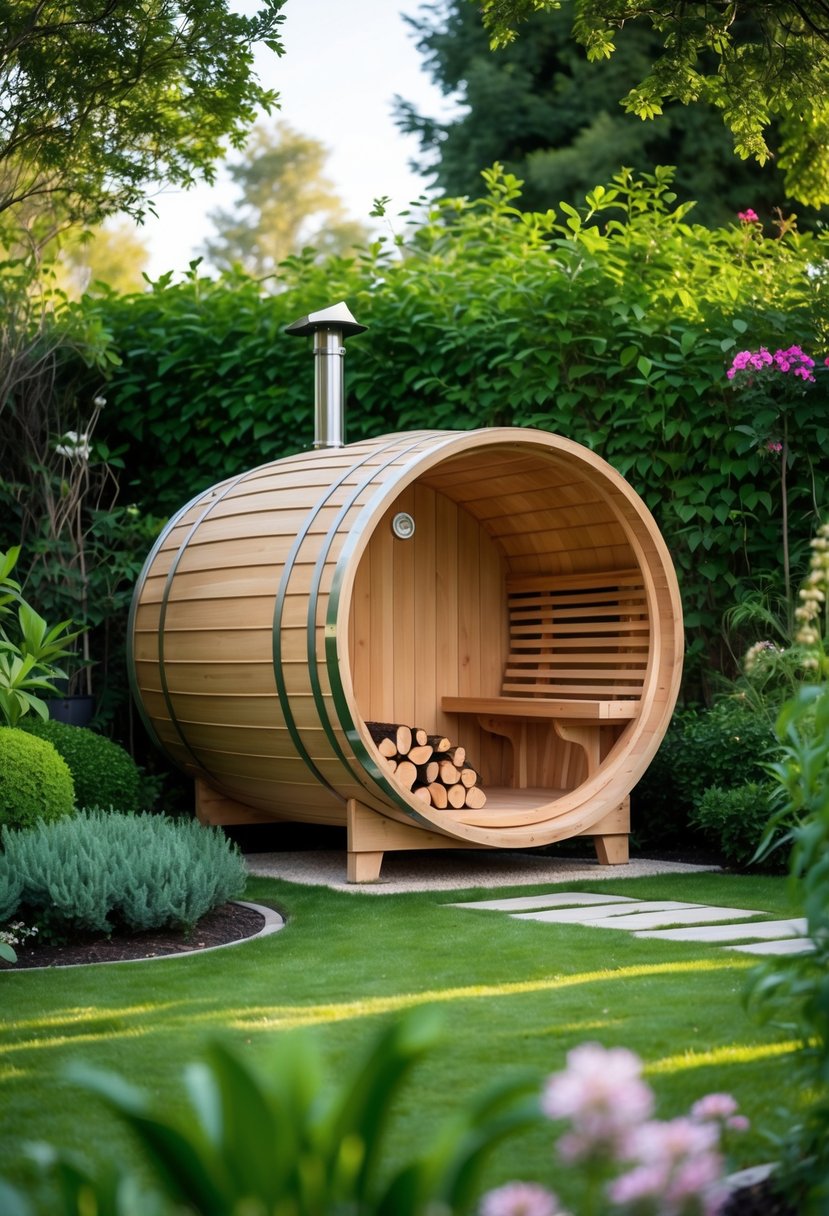A wooden barrel sauna with a chimney in a green garden surrounded by plants and trees.