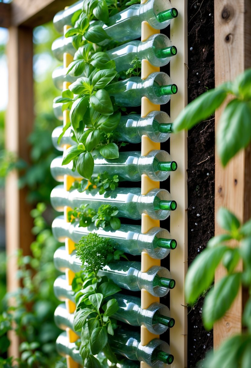 Vertical garden of green herbs growing in cut plastic bottles arranged on a wall.