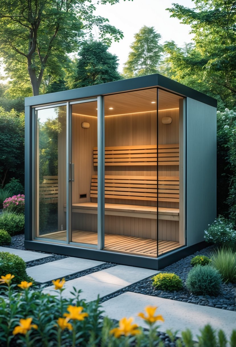 A modern glass sauna in a garden with large windows showing green plants and trees outside.