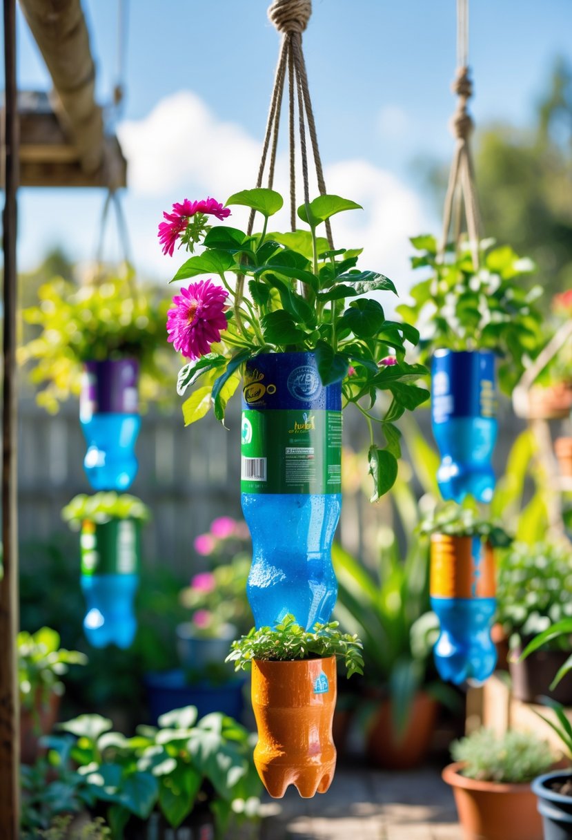 Hanging planters made from recycled soda bottles holding green plants and flowers in an outdoor garden.