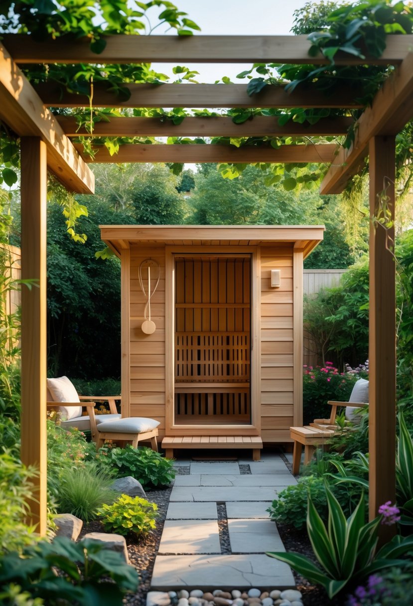 A wooden garden sauna under a shaded pergola surrounded by green plants and flowers.