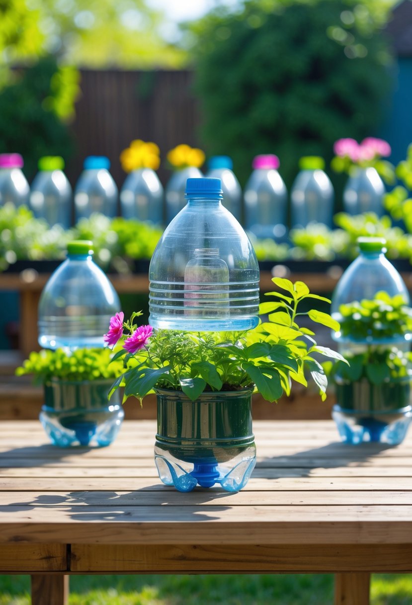 A DIY self-watering planter made from a plastic bottle with green plants, placed on a wooden table in a garden with other similar planters in the background.